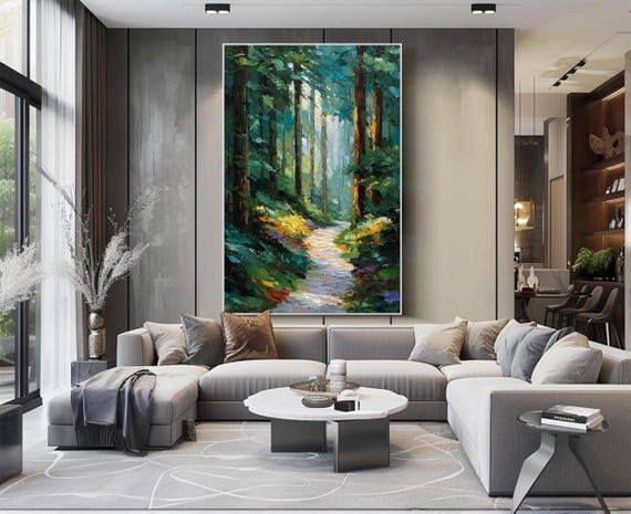 Original Forest Path Oil Painting Large Green...