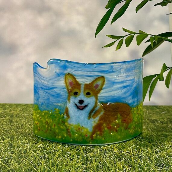 Curved Welsh Corgi candle screen glass art, 5...
