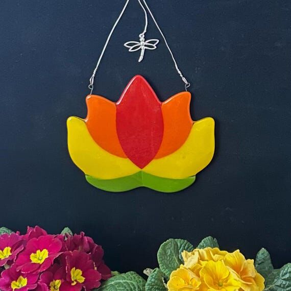 Vibrant Lotus Flower, fused glass wall or win...