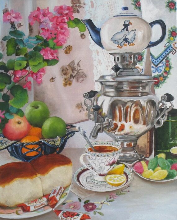 Samovar Tea Original Oil Painting for Kitchen...