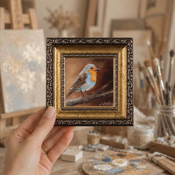 Original Robin Bird Oil Painting, Miniature 4...