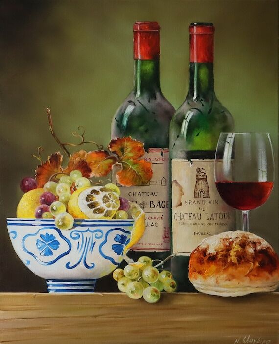 Original Oil Painting Still Life, Wine Bottle...
