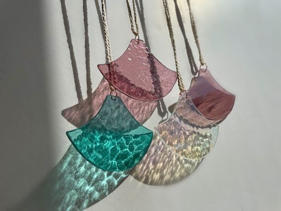 Orange and Pink Glass Art Set in Japanese Wav...