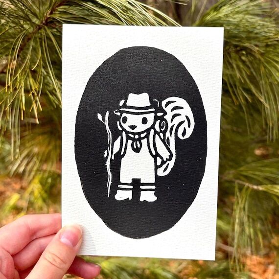 Hiker Squirrel Linocut Block Print | 4 (No Social Media) 6 Mi...