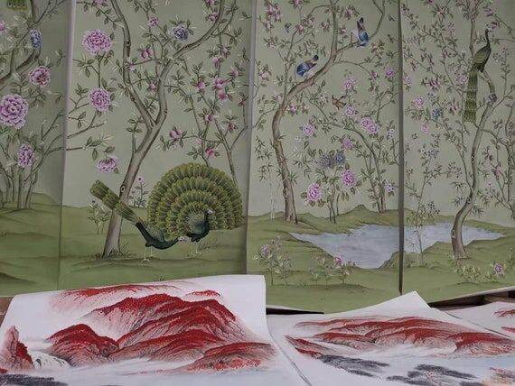 Hand-painted Peacock Garden on ice blue/ Eme...