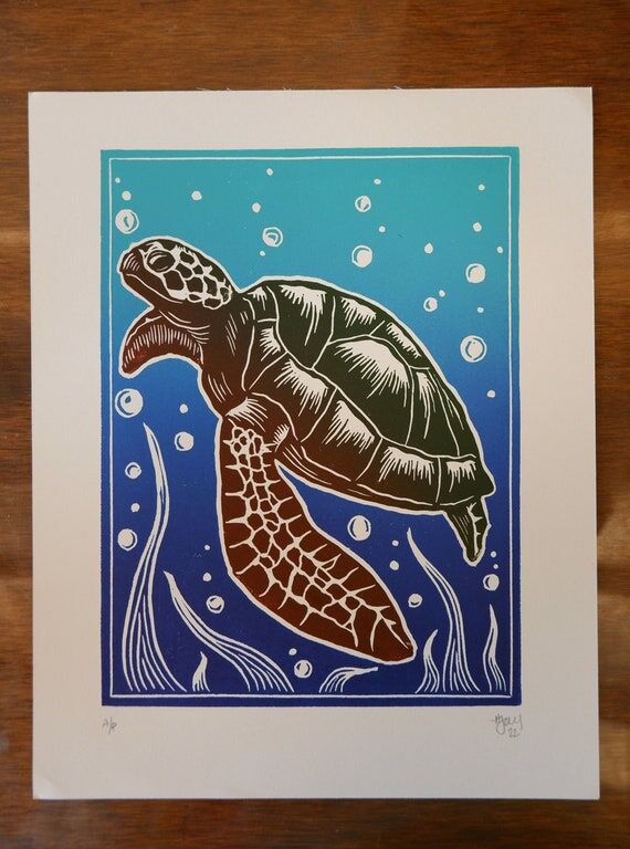 Turtle Block Print, Linocut Print, Ocean Artw...