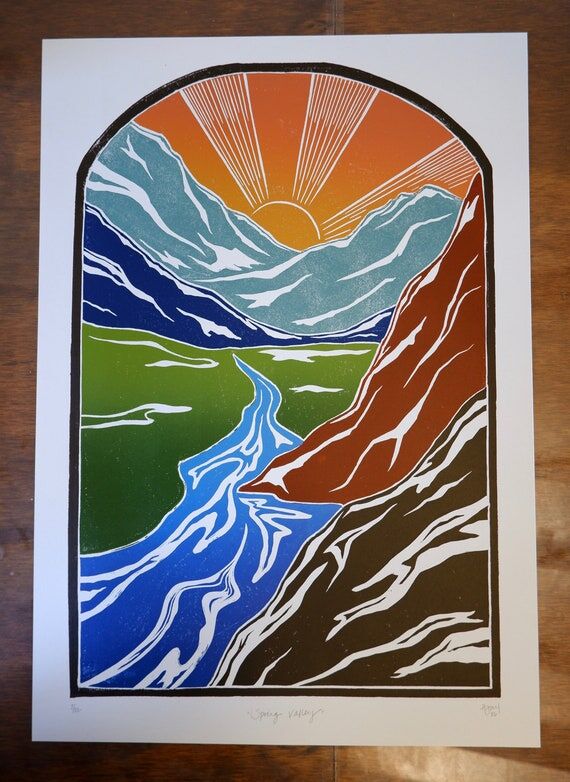 Mountain Block Print, Nature, Original Linocu...