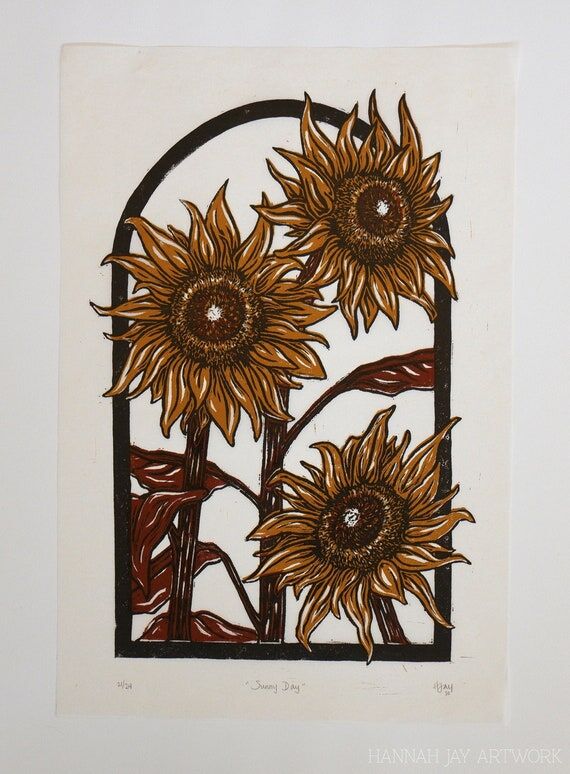 Sunflower Block Print, Original Linocut, Sunf...