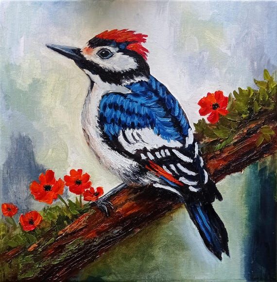 Woodland Drummer Oil Painting Colorful Bird W...