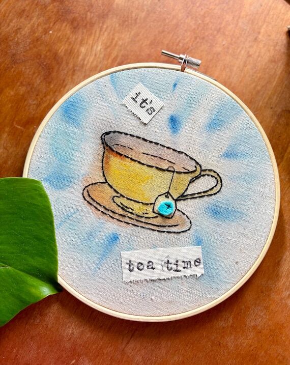 Teacup art. Blueberry Tea time mixed media Em...