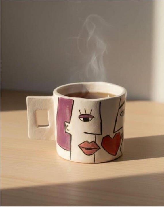 Handmade Ceramic Face Mug | Modern Abstract C...