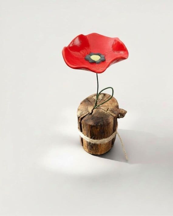 Handmade Ceramic Poppy Flower Sculpture | Red...