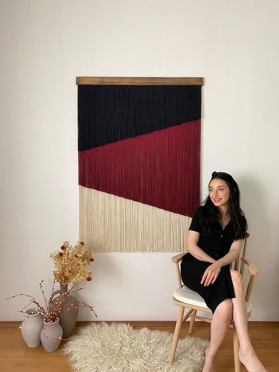 Large Geometric Macrame Wall Hanging, Burgund...
