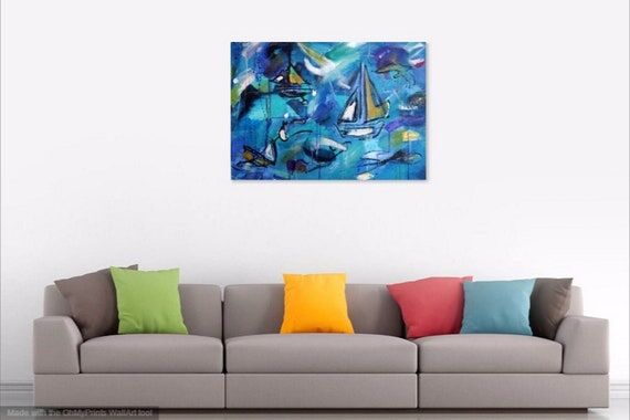 Modern Ocean Painting, Handmade Wall Art, Blu...