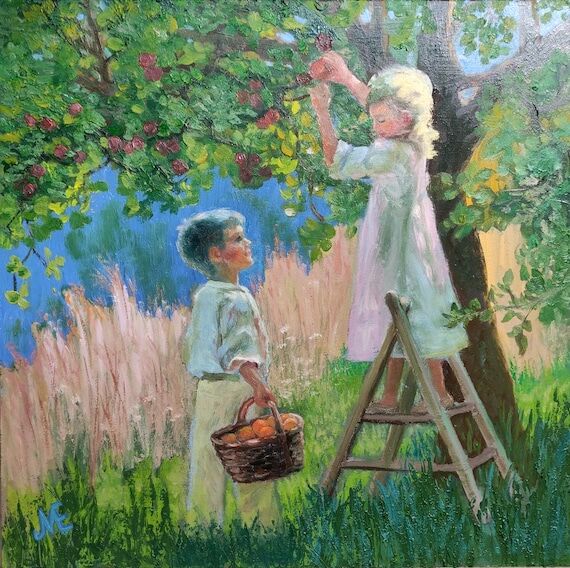 Boy and Girl, Apple Harvest, Oil on Panel, 14...