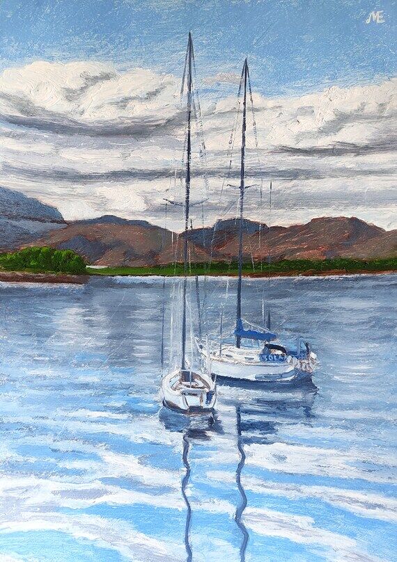 Handmade Oil Painting on Paper: Two Boats in ...