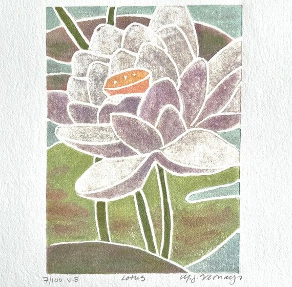 Lotus Flower Woodblock Print, Woodcut Wall Ar...