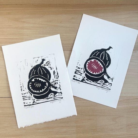 Original Linoleum Block Print, Black White Re...
