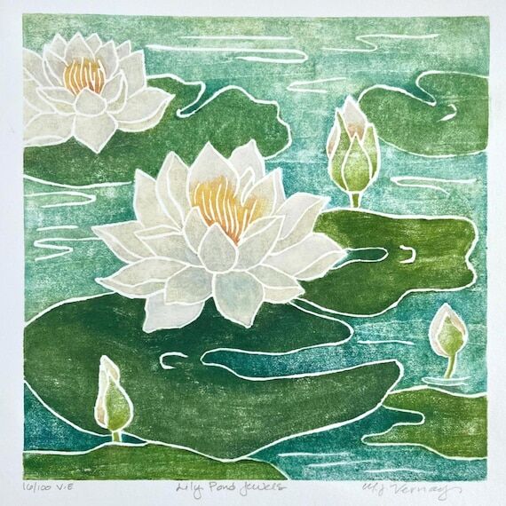 Lily Pond Woodblock Print, Small Woodcut Wall...