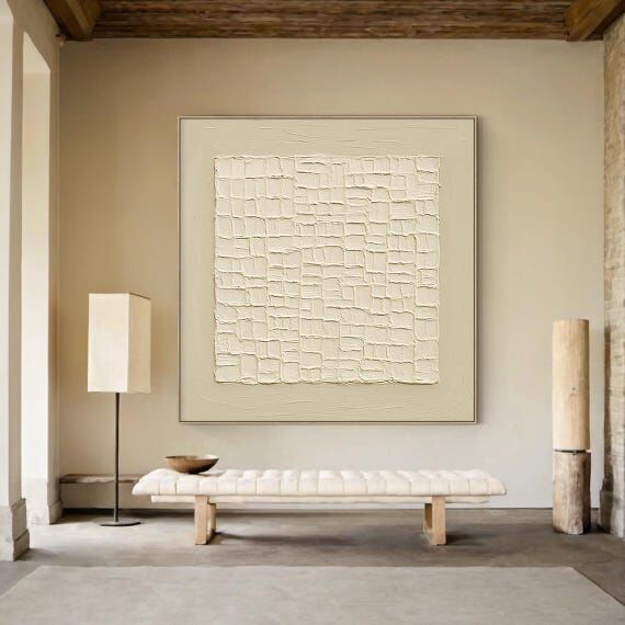 Large Beige Geometric Textured Canvas Wall Ar...
