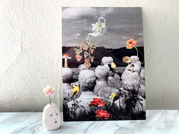 Surreal Nature Collage Art Print: Dark Academ...