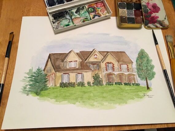 Watercolor House Portrait, hand painted illus...