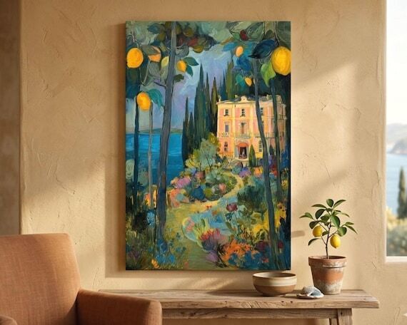 Mediterranean Pink Villa Canvas Art, Lemon Tr...
