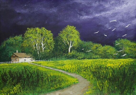 House in the forest. Rural landscape. Acrylic...