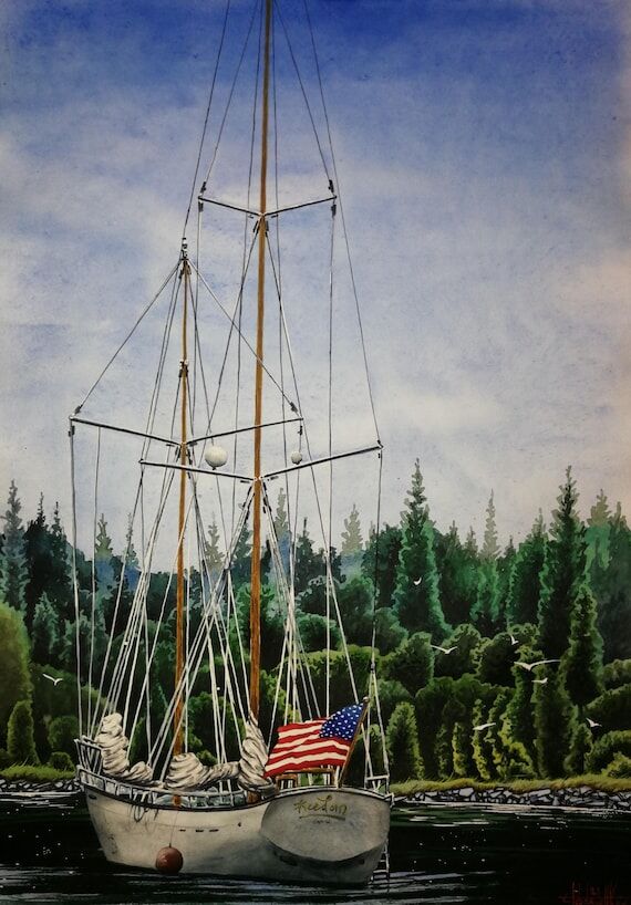 Boat in the bay 2021 Watercolor on paper 60x4...