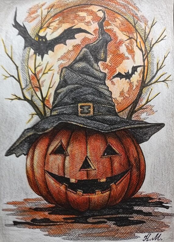 Original Hand-Drawn Halloween Pumpkin Witch H...