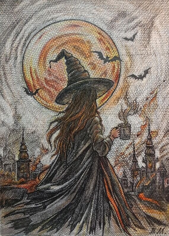 Original Hand-Drawn Witch Art, Gothic Moon, S...