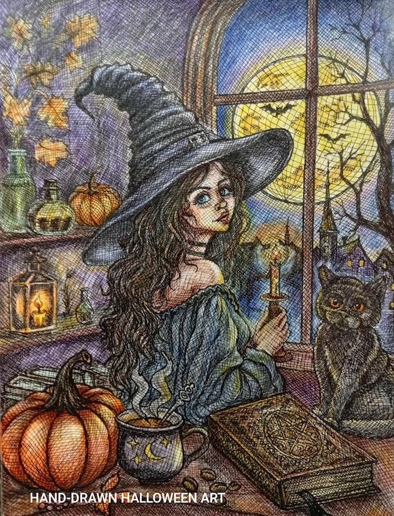 Hand-Drawn Halloween Witch Art, Gothic Autumn...