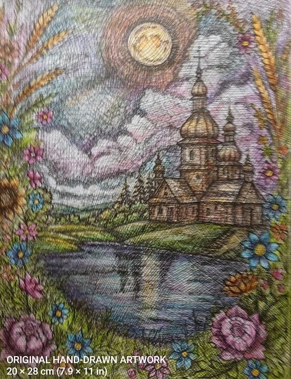 Original Ukrainian Landscape Drawing, Hand-Dr...