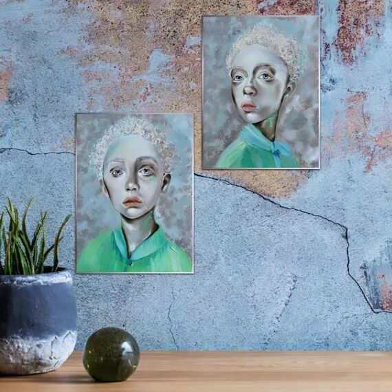 Verdant Frequencies Abstract Portrait Diptych...