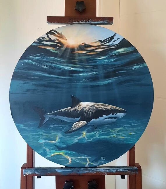 Shark Original Painting, Underwater Sunbeams ...