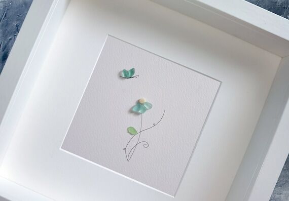 Handmade sea glass flower art with butterfly,...