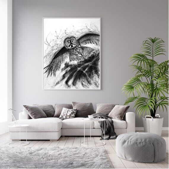 Original Grey Owl Art, Hand Drawn Owl, Charco...