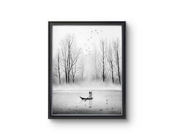 Romantic Couple Charcoal Painting, Misty Rive...
