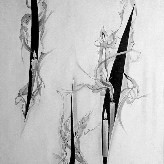 Original Candle Flame Pencil Drawing, Realist...