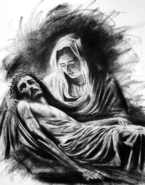 Handmade Charcoal Pietà Drawing, Virgin Mary...