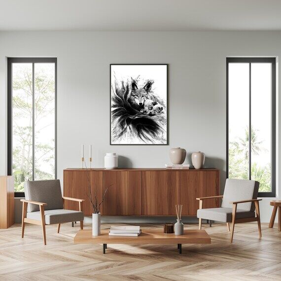 Original Charcoal Wolf Mother Pups Drawing, E...