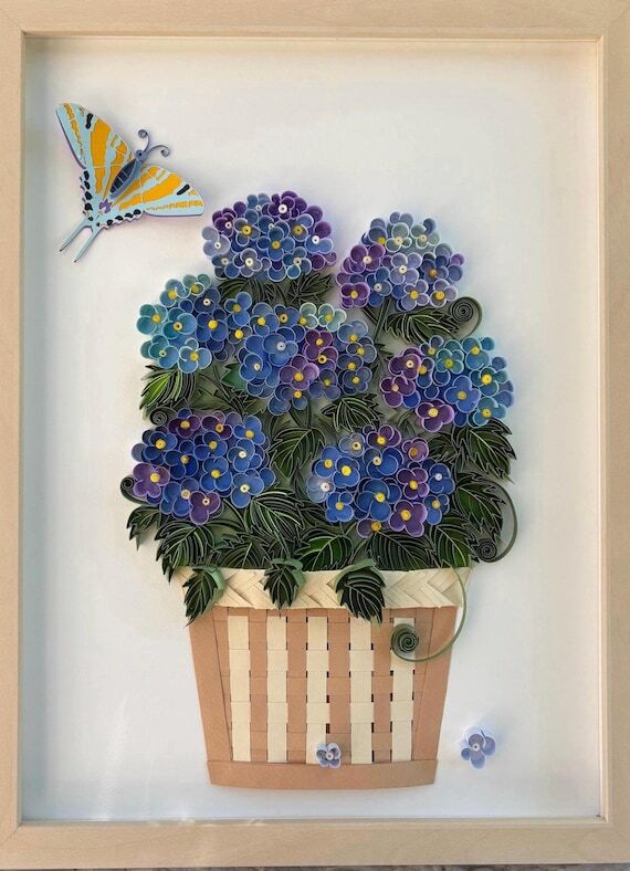 Quilled Hydrangea Flower Basket, Framed Wall ...