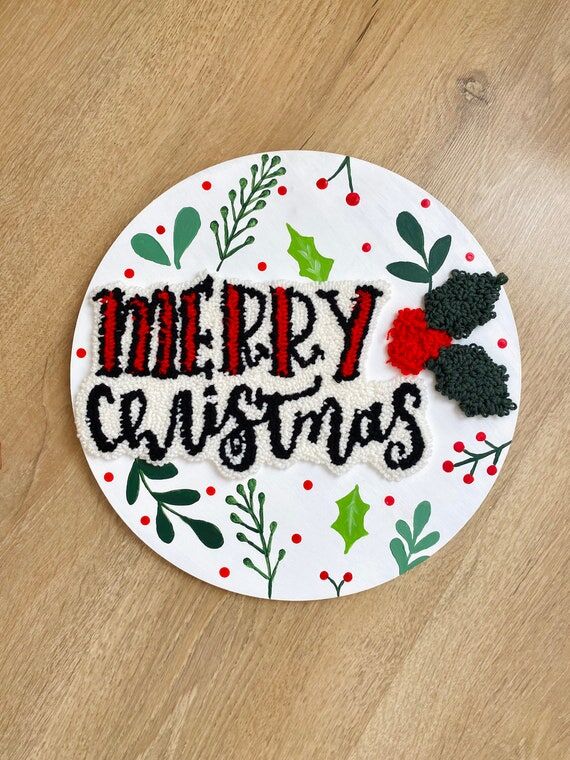 Christmas Door Hanger, Punch Needle Round Chr...