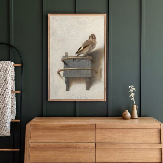 Framed Finch Bird Painting: Mid-Century Frenc...