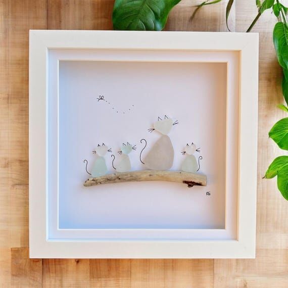 Sea Glass Cat Family Art: Handmade Driftwood ...