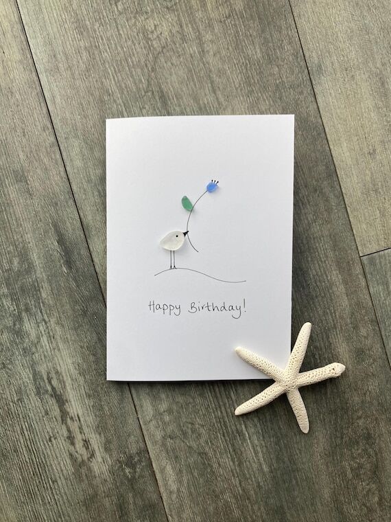 Sea Glass Bird Birthday Card: Handmade Blank ...