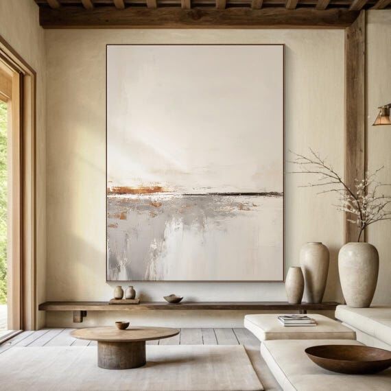 Large Beige and Gray Abstract Wall Art with G...