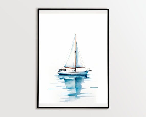 minimal coastal watercolor painting of sailbo...