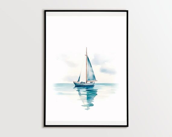 Minimalist Sailboat Watercolor Print, Coastal...