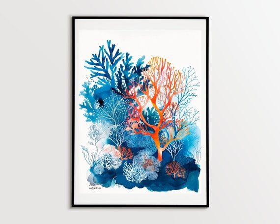 Deep Sea Coral Reef Watercolor Painting, hand...